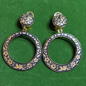 Vintage Gold Damascene Dangle Clip On Earrings Floral Bird Toledo Spain